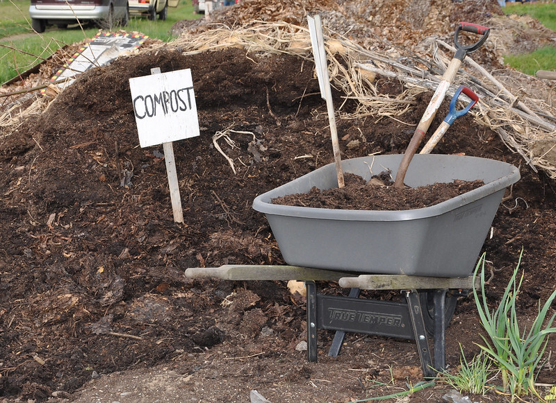 A wheelbarrow at a pile of compost
